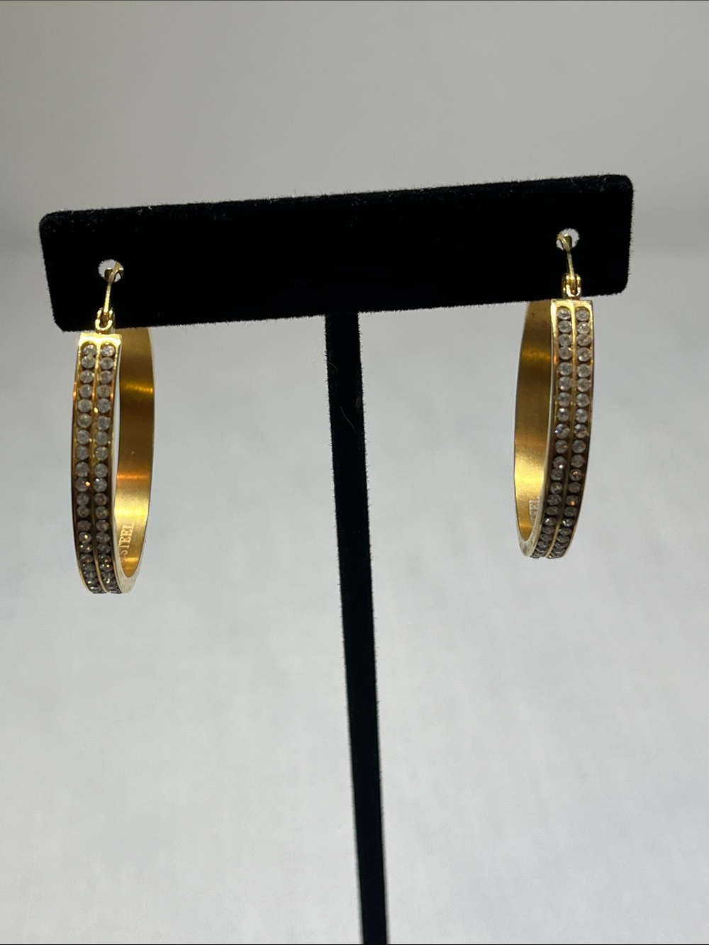 CAS Steel Gold-tone Hoop Earrings with Double rows of Rhinestone Accents